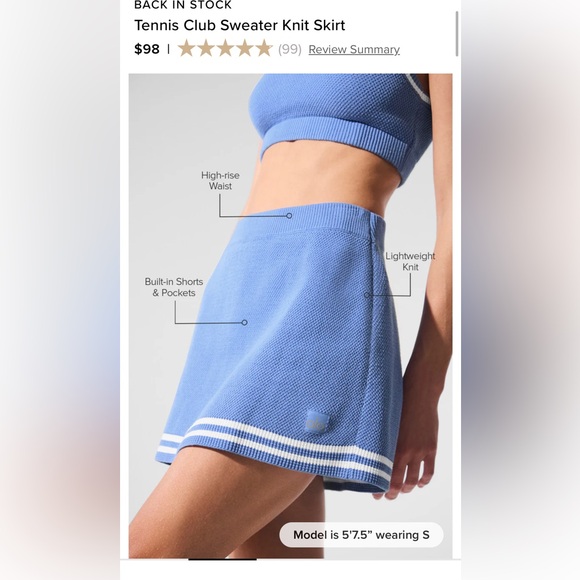 ALO Yoga tennis club sweater knit skirt knit crystal clear blue ✨ white large - Picture 4 of 8